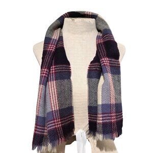 Vtg Wool Plaid Tartan Scarf 41" Navy Red Purple Beige Pattern Fringed Classic